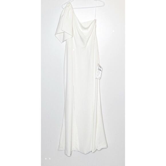 NWT Dress The Population Georgina One-Shoulder Crepe Gown Bow Detail White Large - Picture 5 of 9